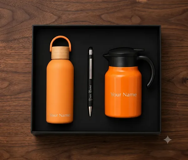 Orange_Personalized_Bottle_And_Flask_Gift_Set_With_Pen