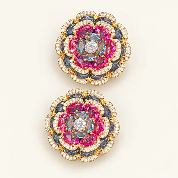 Layered_floral_stud_earrings_with_pink_and_blue_stones_|_Pink_/_blue_/_clear_/_gold_tone
