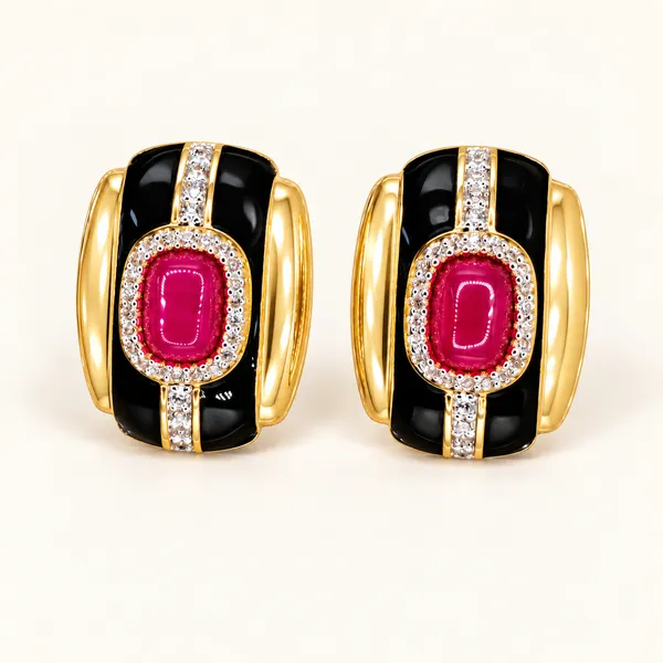 Black_enamel_earrings_with_fuchsia_rectangular_centres_|_Black_/_fuchsia_/_gold_tone