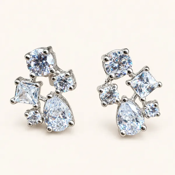 Five-stone_cluster_stud_earrings_with_round,_square_and_pear_stones_|_Clear_/_silver_tone
