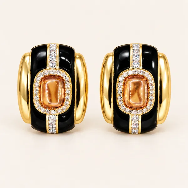 Black_enamel_earrings_with_amber_rectangular_centres_|_Black_/_amber_/_gold_tone