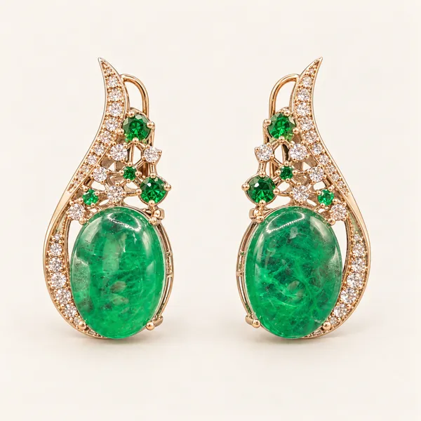 Curved_earrings_with_oval_green_cabochon_drops_|_Green_/_clear_/_gold_tone