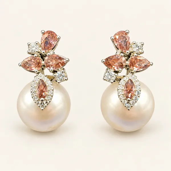 Peach_floral_earrings_with_white_pearl_drops_|_Peach_/_white_/_clear_/_gold_tone