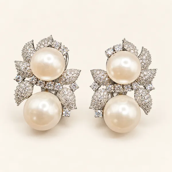 Double_pearl_earrings_with_leaf_accents_|_White_/_clear_/_silver_tone