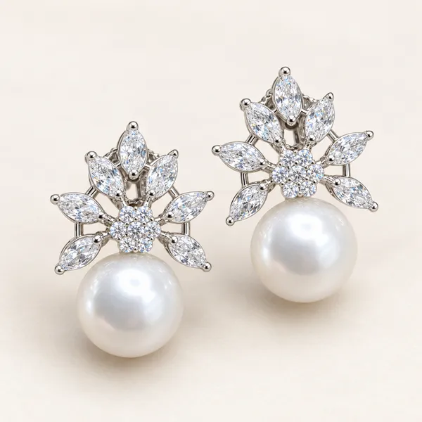 Leaf_fan_and_floral_earrings_with_white_pearl_drops_|_Clear_/_white_/_silver_tone