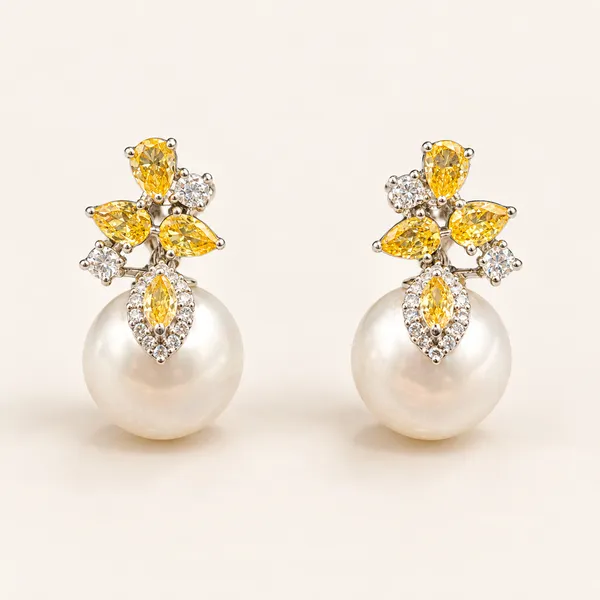 Yellow_floral_earrings_with_white_pearl_drops_|_Yellow_/_white_/_clear_/_gold_tone
