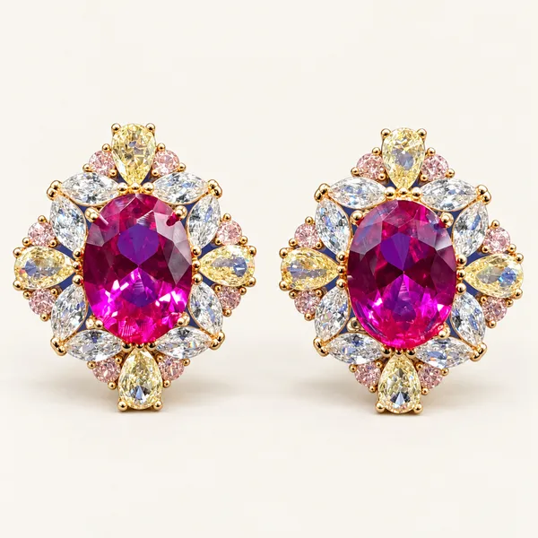 Oval_fuchsia_centre_stud_earrings_with_yellow_and_clear_halo_stones_|_Fuchsia_/_yellow_/_clear_/_gold_tone