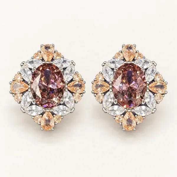 Oval_smoky_centre_stud_earrings_with_champagne_and_clear_halo_stones_|_Smoky_mauve_/_champagne_/_clear_/_gold_tone