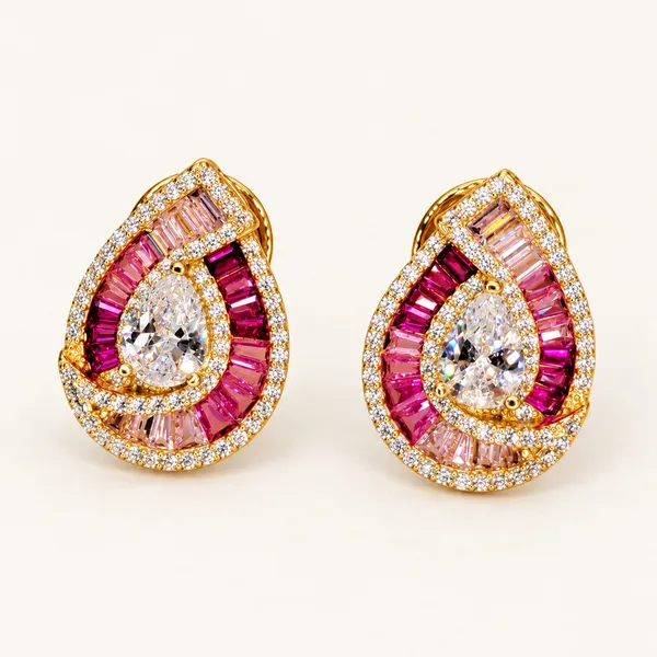 Teardrop_earrings_with_pink_baguette_halo_and_clear_pear-shaped_centres_|_Pink_/_clear_/_gold_tone