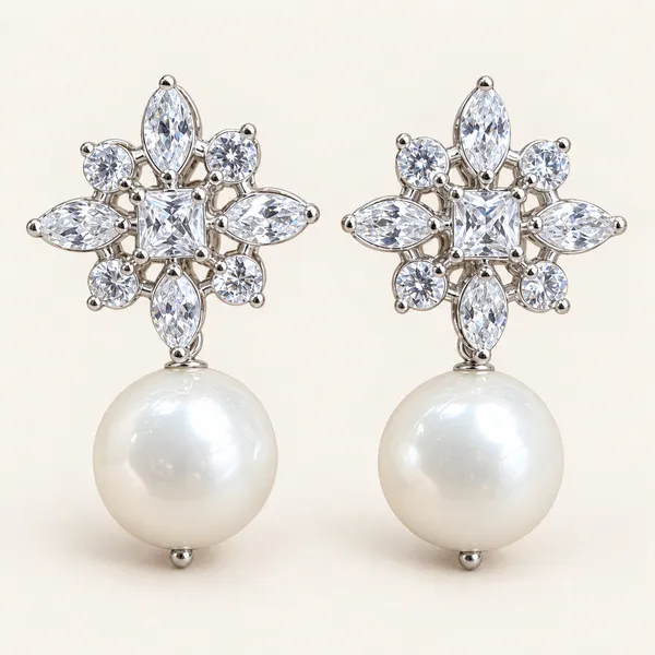 Square-centre_floral_earrings_with_white_pearl_drops_|_Clear_/_white_/_silver_tone
