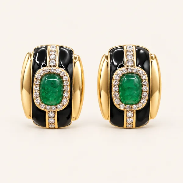 Black_enamel_earrings_with_green_rectangular_centres_|_Black_/_green_/_gold_tone