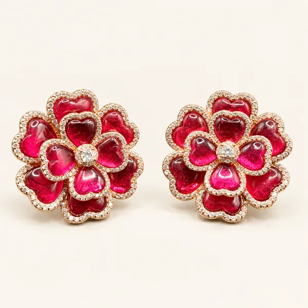 Heart-petal_floral_stud_earrings_|_Ruby_pink_/_gold_tone
