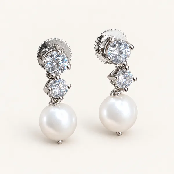 Two_round-stone_earrings_with_white_pearl_drops_|_Clear_/_white_/_silver_tone