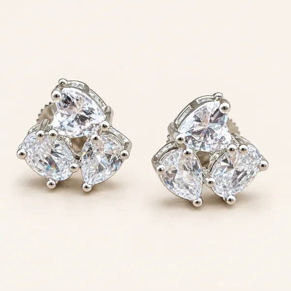 Three-stone_cluster_stud_earrings_|_Clear_/_silver_tone
