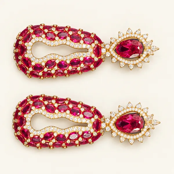 Open_teardrop_earrings_with_ruby-pink_stones_and_floral_tops_|_Ruby_pink_/_clear_/_gold_tone