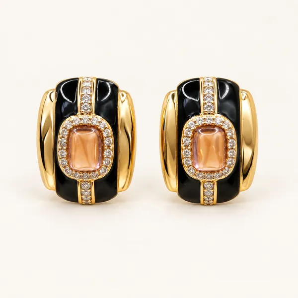 Black_enamel_earrings_with_peach_rectangular_centres_|_Black_/_peach_/_gold_tone