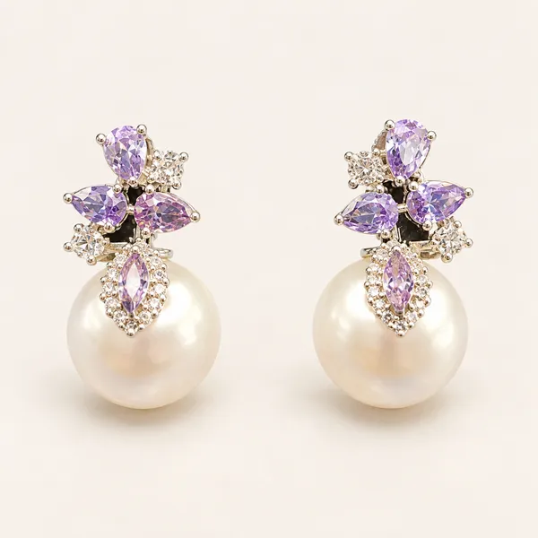 Lavender_floral_earrings_with_white_pearl_drops_|_Lavender_/_white_/_clear_/_gold_tone