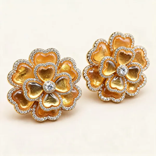Heart-Petal_Floral_Stud_Earrings_|_Amber_/_Gold_Tone