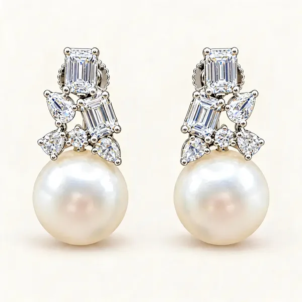 Baguette_And_Leaf_Cluster_Earrings_With_White_Pearl_Drops_|_Clear_/_White_/_Silver_Tone