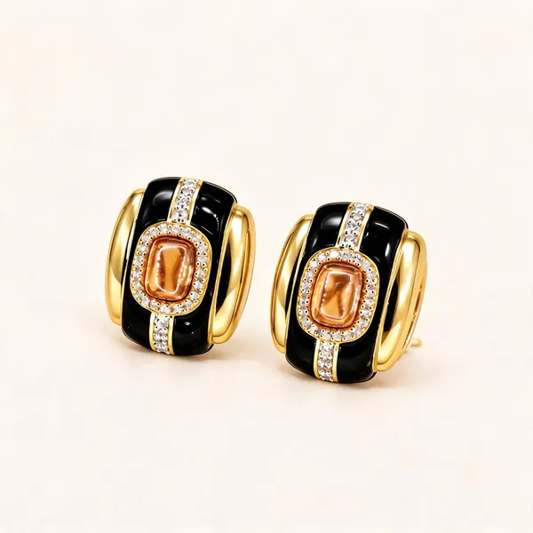 Black_Enamel_Earrings_With_Amber_Rectangular_Centres_|_Black_/_Amber_/_Gold_Tone