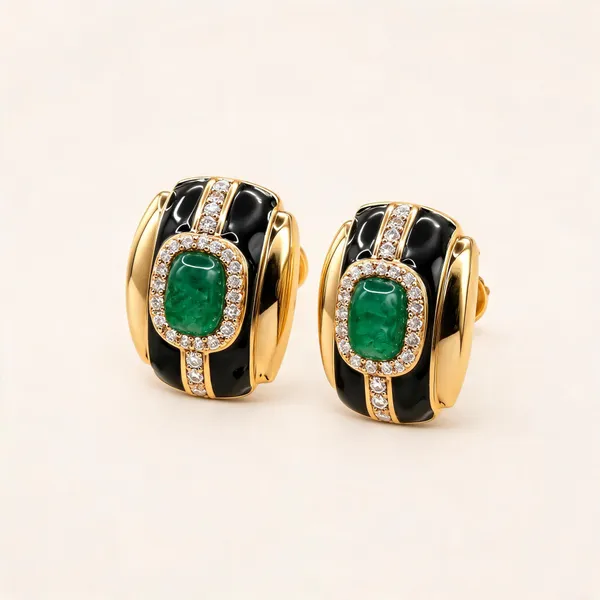 Black_Enamel_Earrings_With_Green_Rectangular_Centres_|_Black_/_Green_/_Gold_Tone