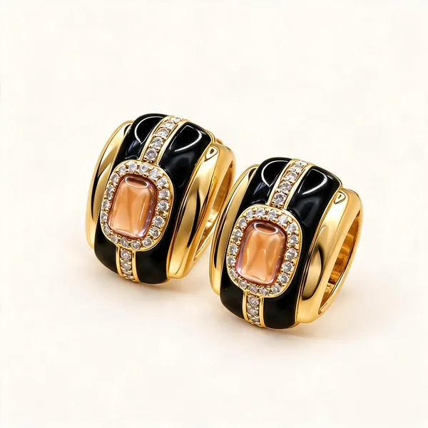 Black_Enamel_Earrings_With_Peach_Rectangular_Centres_|_Black_/_Peach_/_Gold_Tone