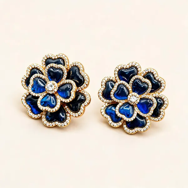 Heart-Petal_Floral_Stud_Earrings_|_Navy_Blue_/_Gold_Tone