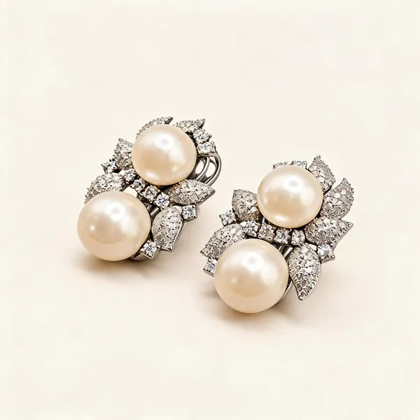 Double_Pearl_Earrings_With_Leaf_Accents_|_White_/_Clear_/_Silver_Tone