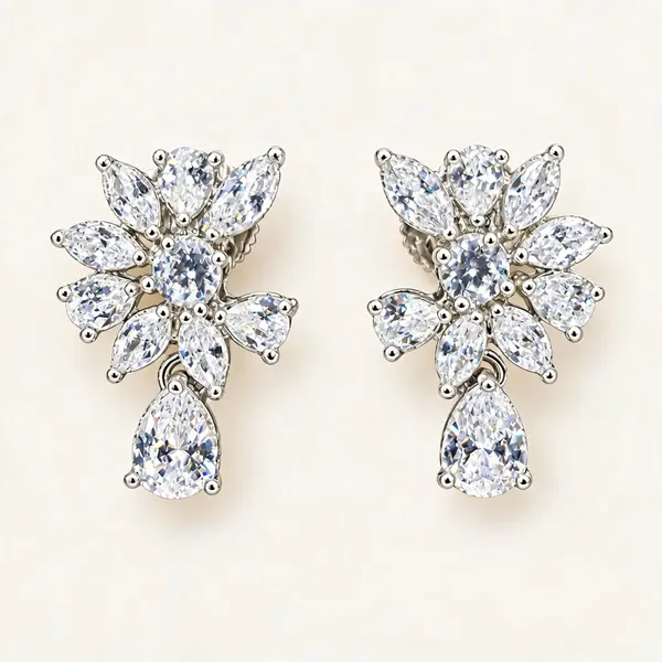 Floral_Spray_Earrings_With_Pear-Shaped_Drops_|_Clear_/_Silver_Tone