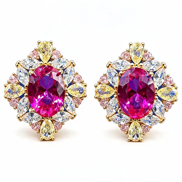 Oval_Fuchsia_Centre_Stud_Earrings_With_Yellow_And_Clear_Halo_Stones_|_Fuchsia_/_Yellow_/_Clear_/_Gold_Tone