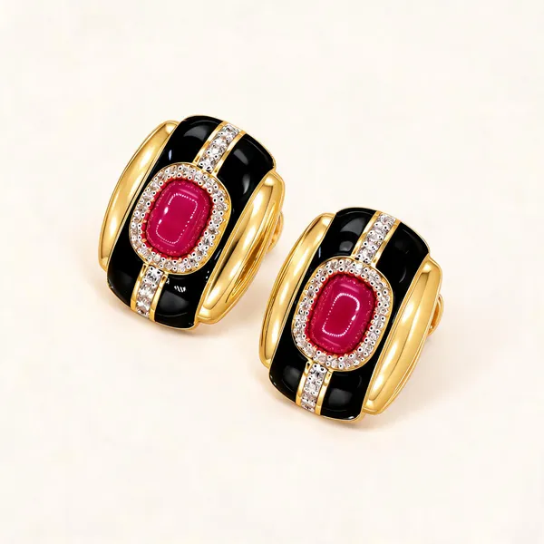 Black_Enamel_Earrings_With_Fuchsia_Rectangular_Centres_|_Black_/_Fuchsia_/_Gold_Tone