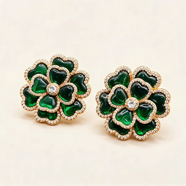 Heart-Petal_Floral_Stud_Earrings_|_Green_/_Gold_Tone