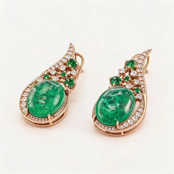Curved_Earrings_With_Oval_Green_Cabochon_Drops_|_Green_/_Clear_/_Gold_Tone