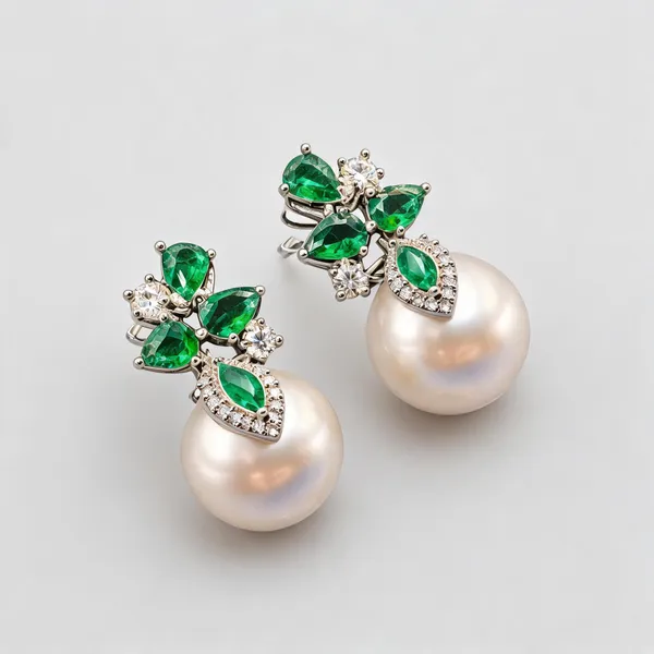 Green_Leaf_Cluster_Earrings_With_White_Pearl_Drops_|_Green_/_White_/_Clear_/_Gold_Tone