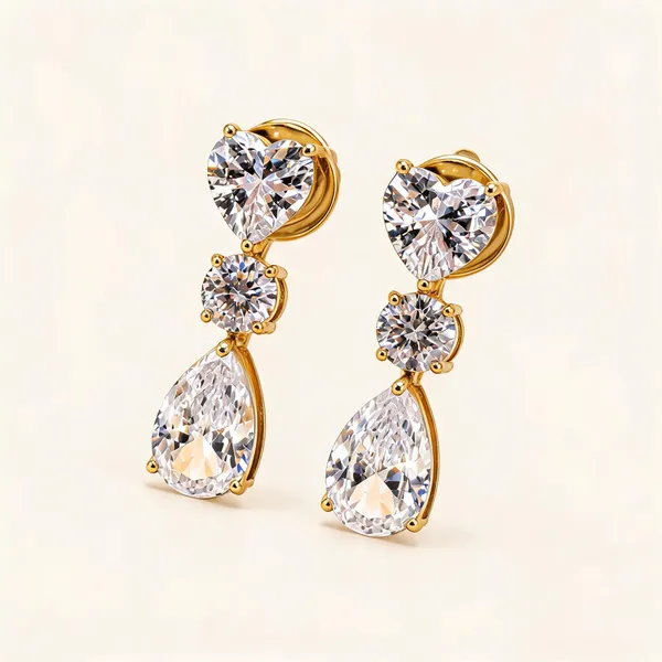 Heart_And_Round-Stone_Earrings_With_Pear-Shaped_Drops_|_Clear_/_Gold_Tone