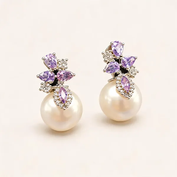 Lavender_Floral_Earrings_With_White_Pearl_Drops_|_Lavender_/_White_/_Clear_/_Gold_Tone