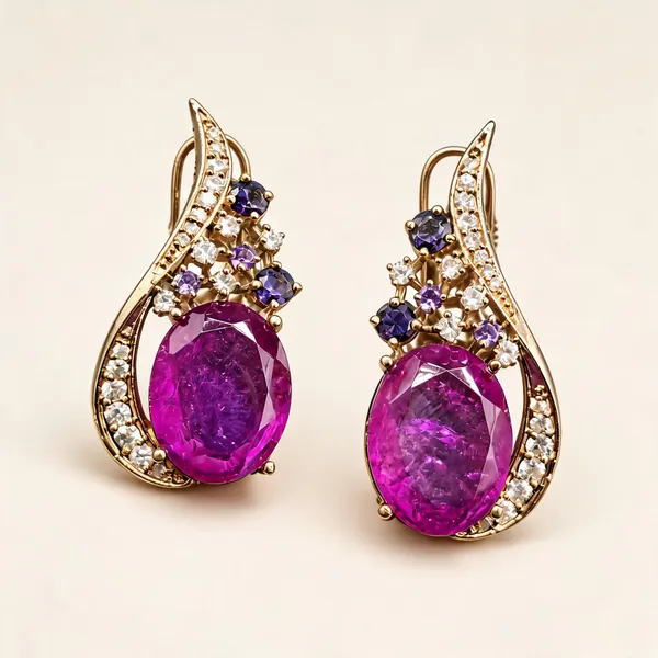 Curved_Earrings_With_Oval_Purple_Drops_And_Small_Stone_Accents_|_Purple_/_Clear_/_Gold_Tone