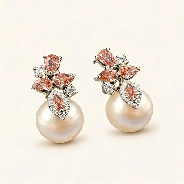 Peach_Floral_Earrings_With_White_Pearl_Drops_|_Peach_/_White_/_Clear_/_Gold_Tone