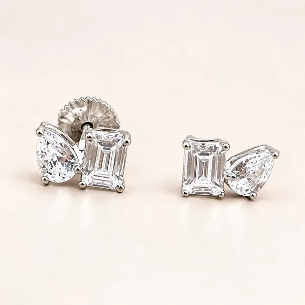 Two-Stone_Stud_Earrings_With_Pear_And_Rectangular_Stones_|_Clear_/_Silver_Tone