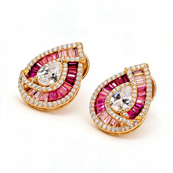 Teardrop_Earrings_With_Pink_Baguette_Halo_And_Clear_Pear-Shaped_Centres_|_Pink_/_Clear_/_Gold_Tone