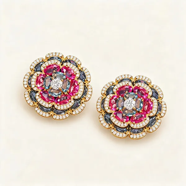 Layered_Floral_Stud_Earrings_With_Pink_And_Blue_Stones_|_Pink_/_Blue_/_Clear_/_Gold_Tone