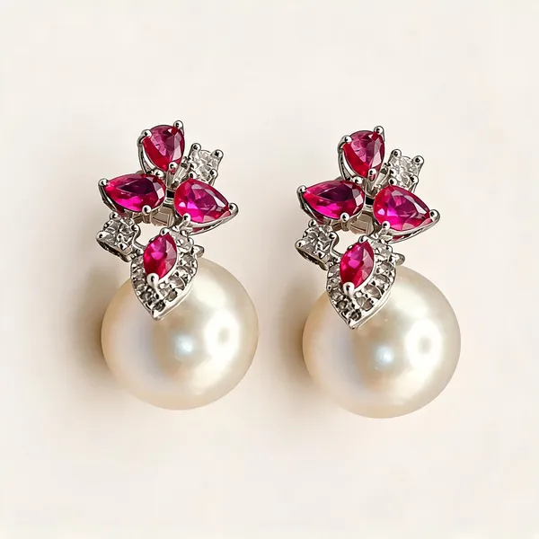 Fuchsia_Floral_Earrings_With_White_Pearl_Drops_|_Fuchsia_/_White_/_Clear_/_Gold_Tone