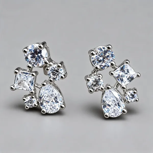Five-Stone_Cluster_Stud_Earrings_With_Round,_Square_And_Pear_Stones_|_Clear_/_Silver_Tone