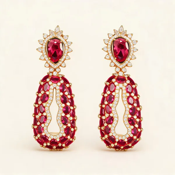 Open_Teardrop_Earrings_With_Ruby-Pink_Stones_And_Floral_Tops_|_Ruby_Pink_/_Clear_/_Gold_Tone