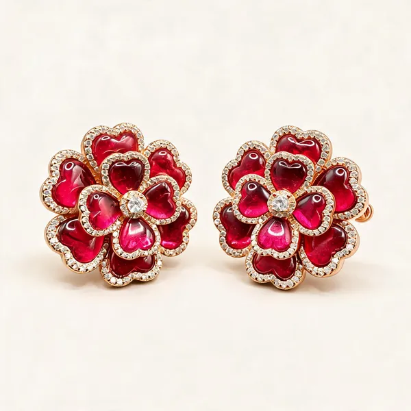 Heart-Petal_Floral_Stud_Earrings_|_Ruby_Pink_/_Gold_Tone