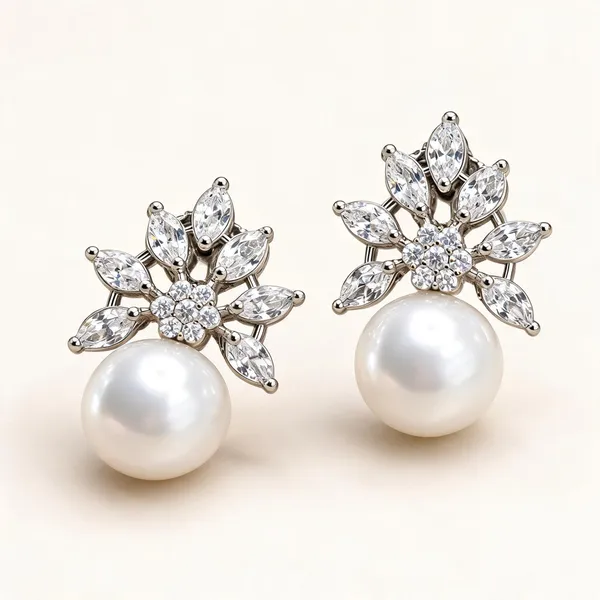 Leaf_Fan_And_Floral_Earrings_With_White_Pearl_Drops_|_Clear_/_White_/_Silver_Tone