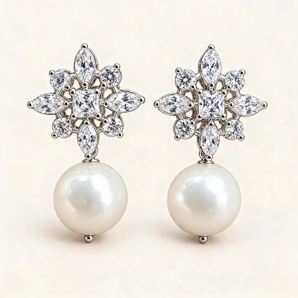 Square-Centre_Floral_Earrings_With_White_Pearl_Drops_|_Clear_/_White_/_Silver_Tone
