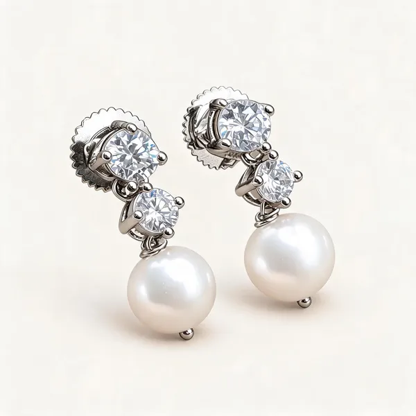 Two_Round-Stone_Earrings_With_White_Pearl_Drops_|_Clear_/_White_/_Silver_Tone