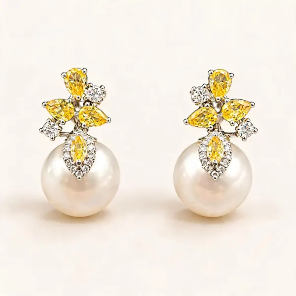 Yellow_Floral_Earrings_With_White_Pearl_Drops_|_Yellow_/_White_/_Clear_/_Gold_Tone