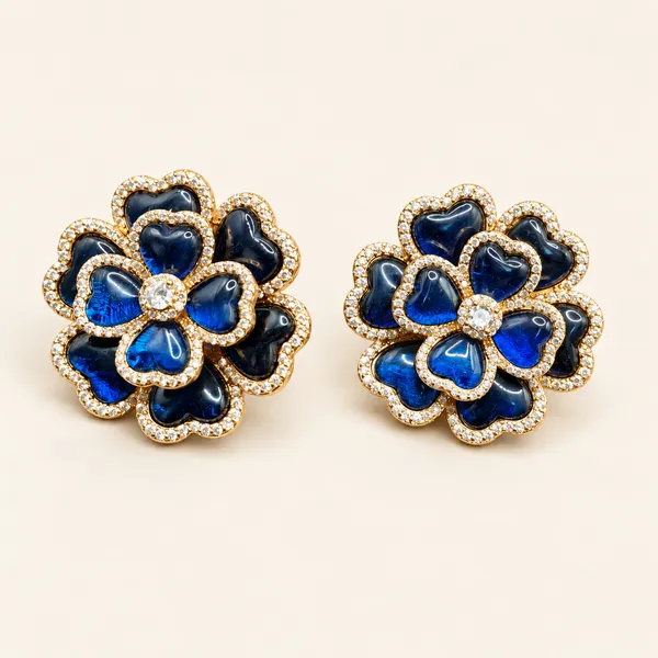 Heart-petal_floral_stud_earrings_|_Navy_blue_/_gold_tone